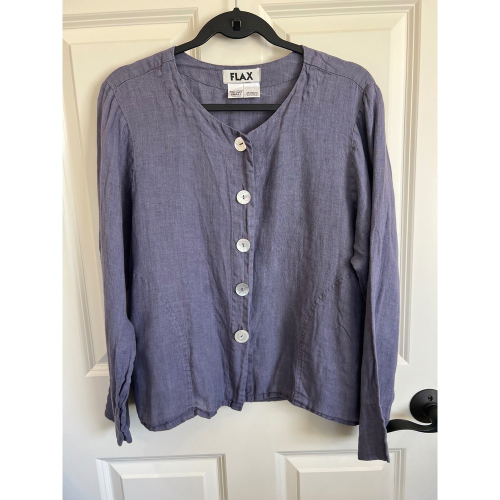 Flax 100% Linen Long Sleeve Button Down Lightweight Jacket Top Purple Size Small